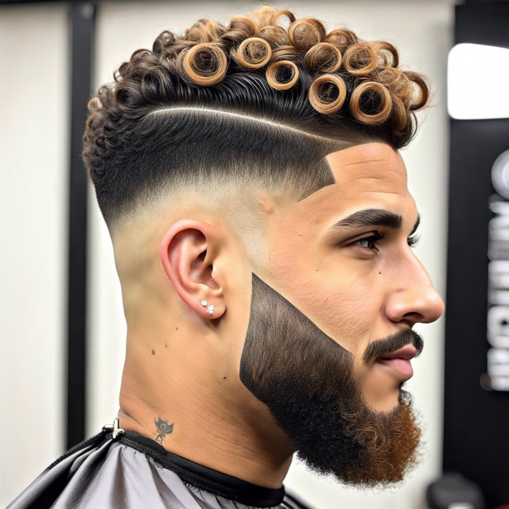 curly drop fade with a hard part