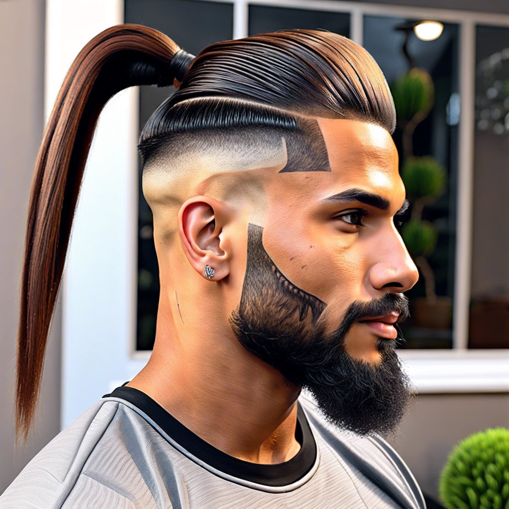ponytail and low taper side fade