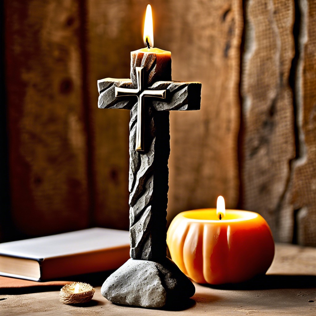 rustic stone taper with a cross chiseled at the top