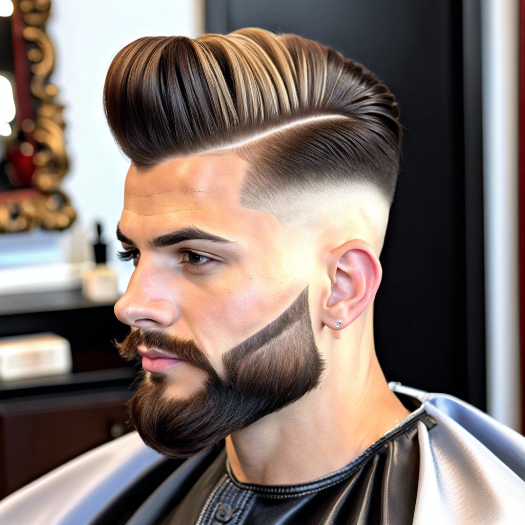 sleek pompadour with skin tight drop fade