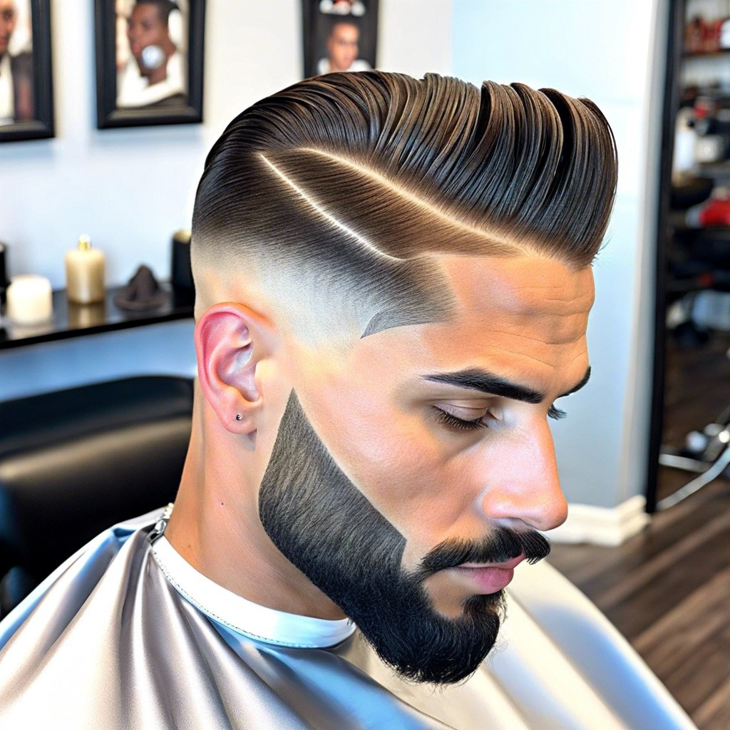 slicked back top with low taper fade